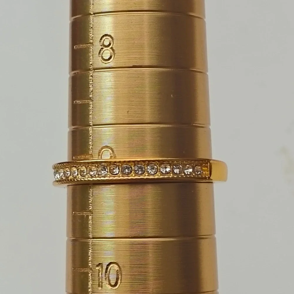 Gold Tone Crystal Stones Eternity Band Stackable Ring Size 9 Textured Edge Slim
